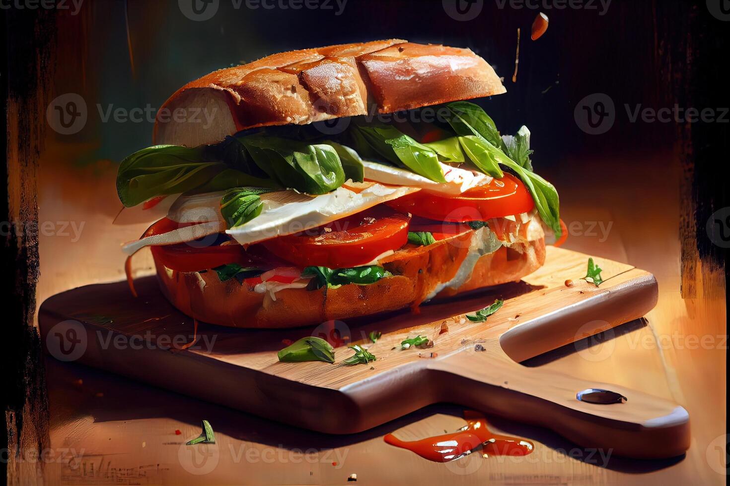 generativ ai Illustration von Luxus Italienisch Sonne Sandwich, Sitzung auf ein Holz Tafel im ein klein Italienisch Feinkost foto