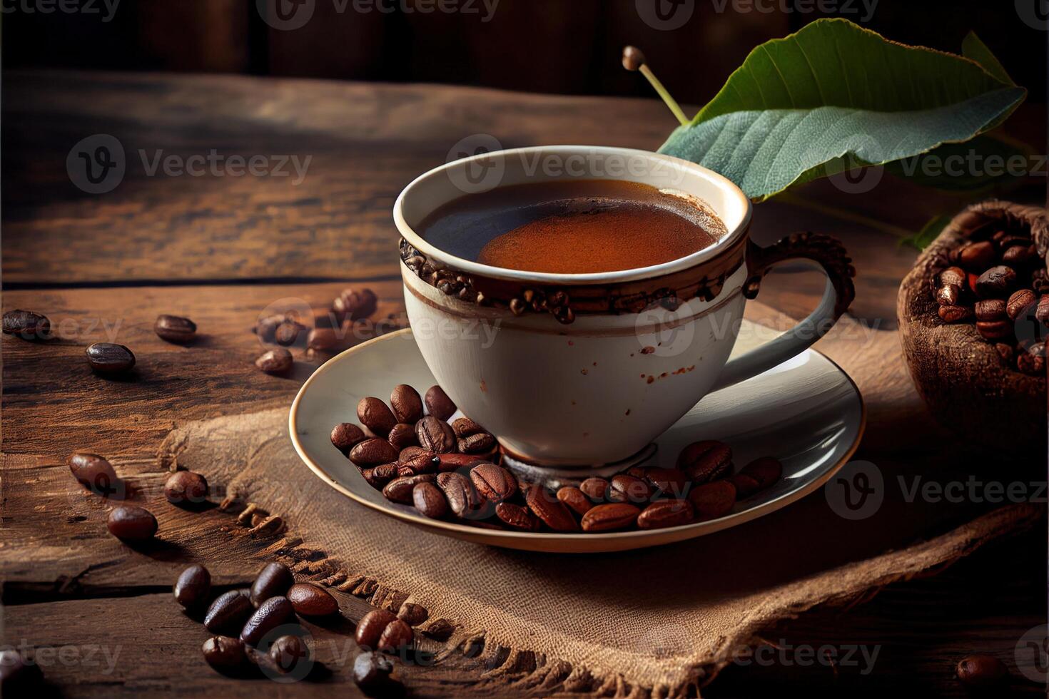 generativ ai Illustration von Tasse von Kaffee und Kaffee Bohnen auf alt hölzern Tabelle und das Plantagen Tee Hügel Hintergrund foto