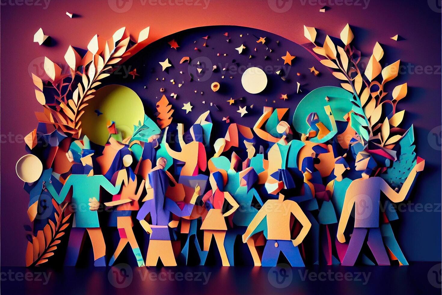 generativ ai Illustration von Menschen im Neu Jahre Vorabend Party Hintergrund, Männer und Frauen feiern Ferien zusammen, Party machen, Jubel und Tanzen. Papier Schnitt Handwerk, 3d Papier Illustration Stil. foto
