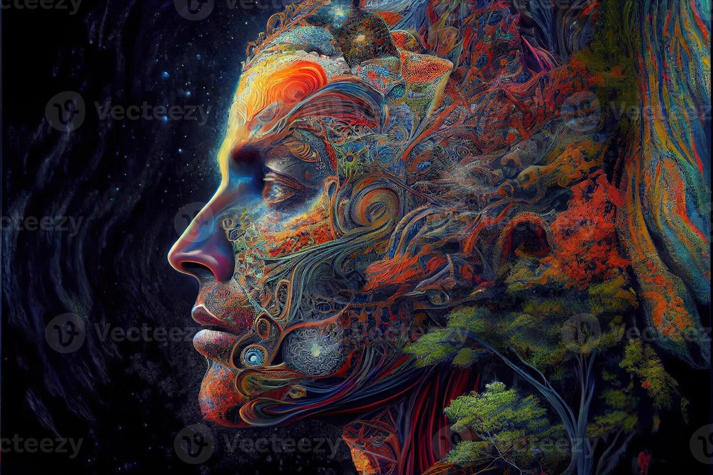 generativ ai Illustration von höher, Yoga entspannen Ausruhen aus dmt Visionen Geist. 7 farbig Chakren Meditation dmt Halluzinationen. Multiversum in Verbindung gebracht durch ein nervös System - - trippy psychedelisch foto