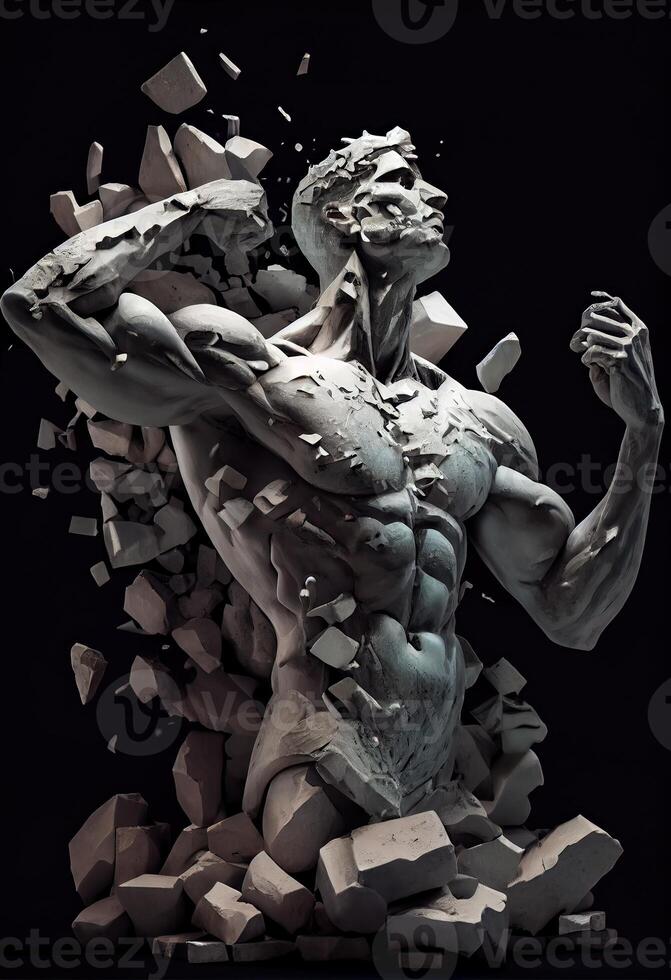 generativ ai Illustration von realistisch Stein Mann Skulptur gebrochen und Stücke im schwarz Hintergrund. Motivation und übertreffend du selber Konzept foto