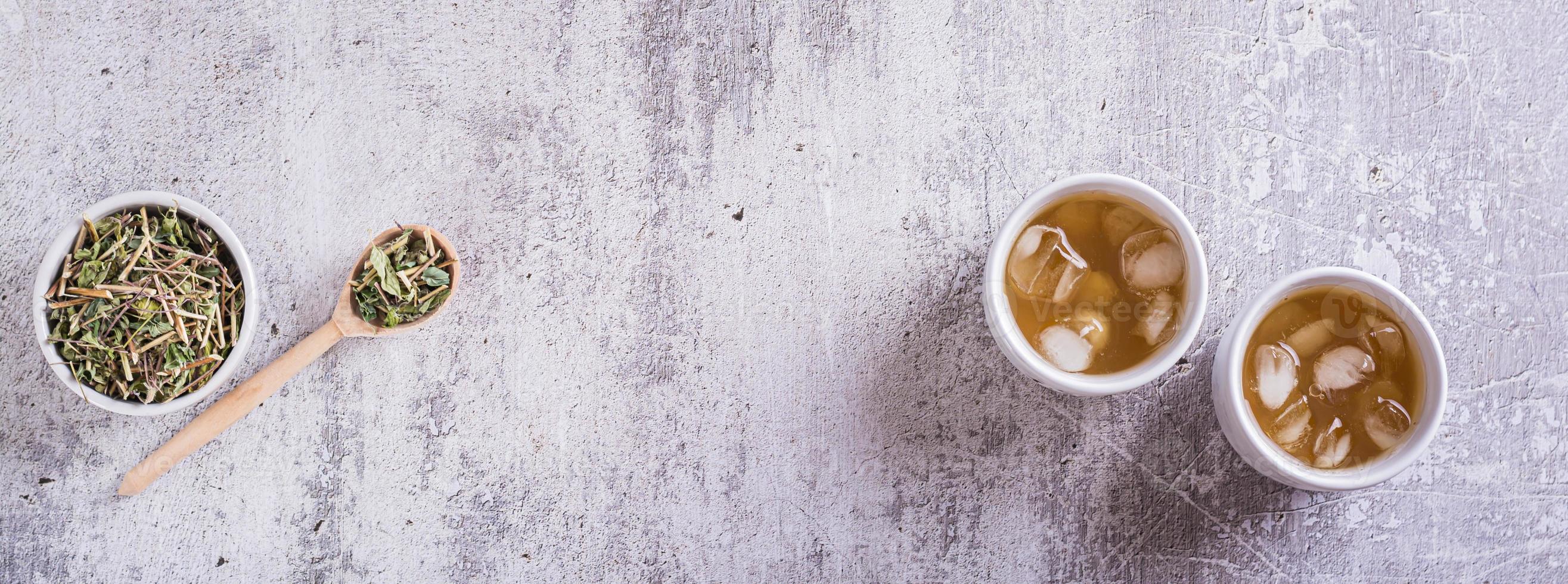 vereist Grün japanisch hojicha Tee im Tassen und Blätter im ein Schüssel oben Aussicht Netz Banner foto