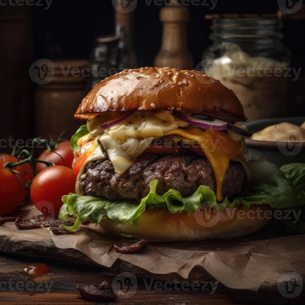 Rindfleisch Burger auf hölzern Platte. frisch lecker Burger auf schwarz Hintergrund. köstlich hausgemacht Burger von Rindfleisch, Käse und Gemüse auf ein alt hölzern Tisch. Fett ungesund Essen Nahansicht. generativ ai. foto