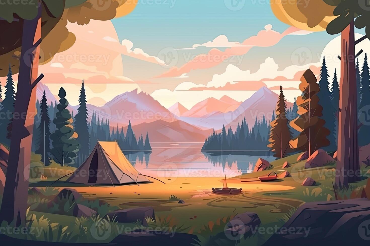 Sommer- Wald oder Berg Tourist Campingplatz oder Campingplatz mit Zelte und Kamin, eben Karikatur Vektor Illustration. Sommer- Rucksacktouristen Camping Hintergrund. generativ ai. foto