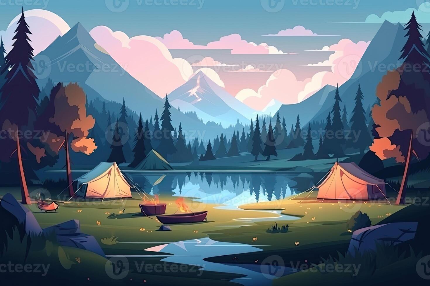 Sommer- Wald oder Berg Tourist Campingplatz oder Campingplatz mit Zelte und Kamin, eben Karikatur Vektor Illustration. Sommer- Rucksacktouristen Camping Hintergrund. generativ ai. foto