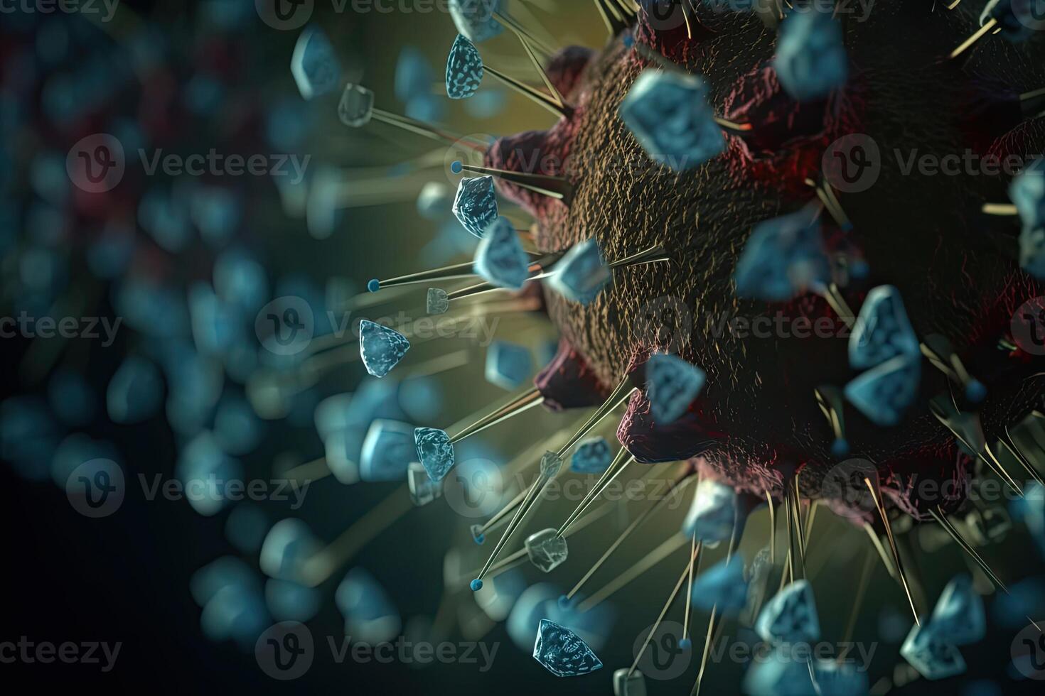 Mikroskop Nahansicht von das Coronavirus covid-19 Krankheit. 2019-ncov Verbreitung im Körper Zelle. 3d Rendern von das Bakterien auf ein mikroskopisch eben. generativ ai foto