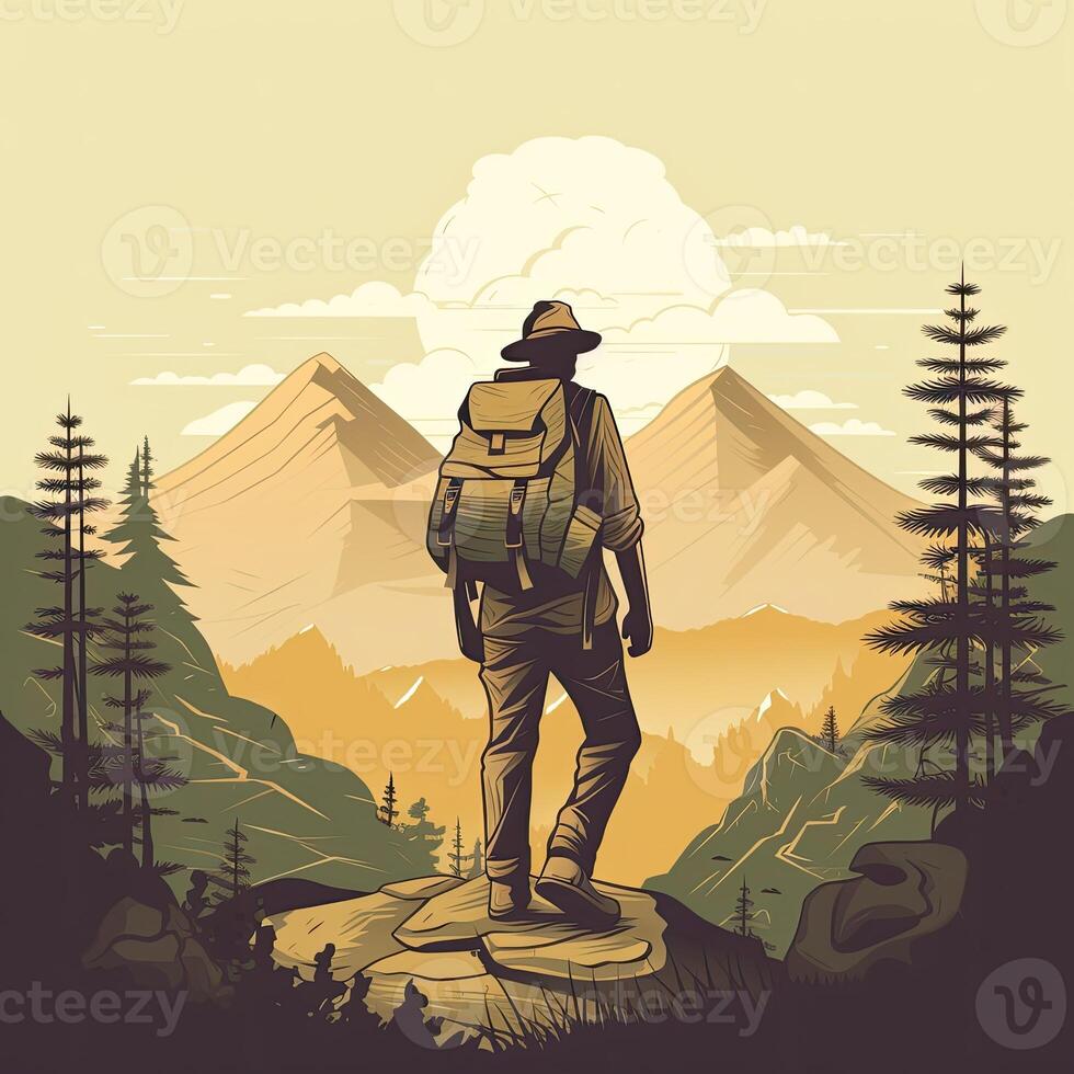 Illustration auf das Thema von klettern, Wandern, wandern, und gehen. Sport, draussen Erholung, Abenteuer im Natur, Urlaub. Fernweh. Herunterschalten. modern eben Design. generativ ai foto