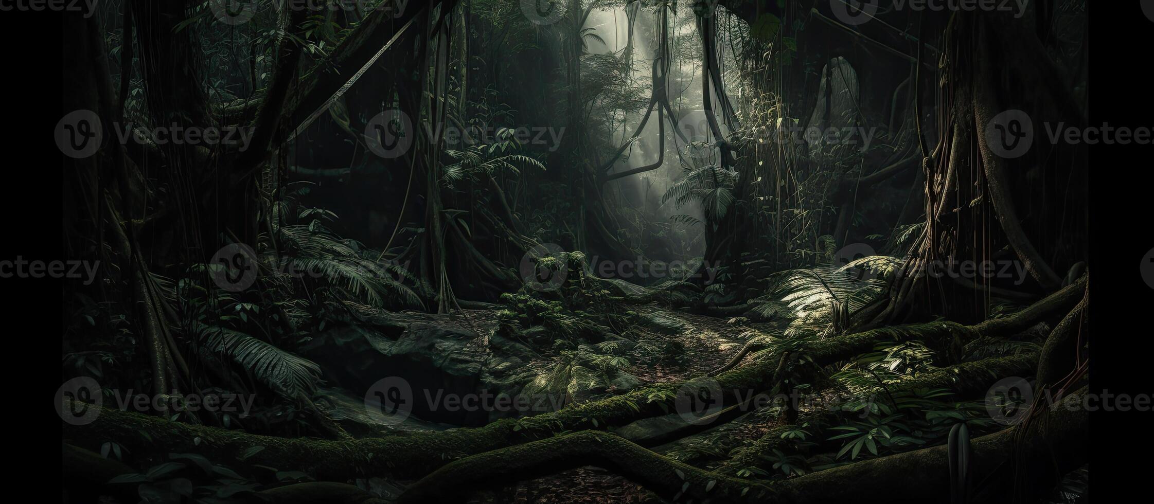 Balken von Sonnenlicht Piercing durch dicht dunkel Wald Wald Erstellen ein friedlich und nachdenklich Einstellung. generativ ai foto