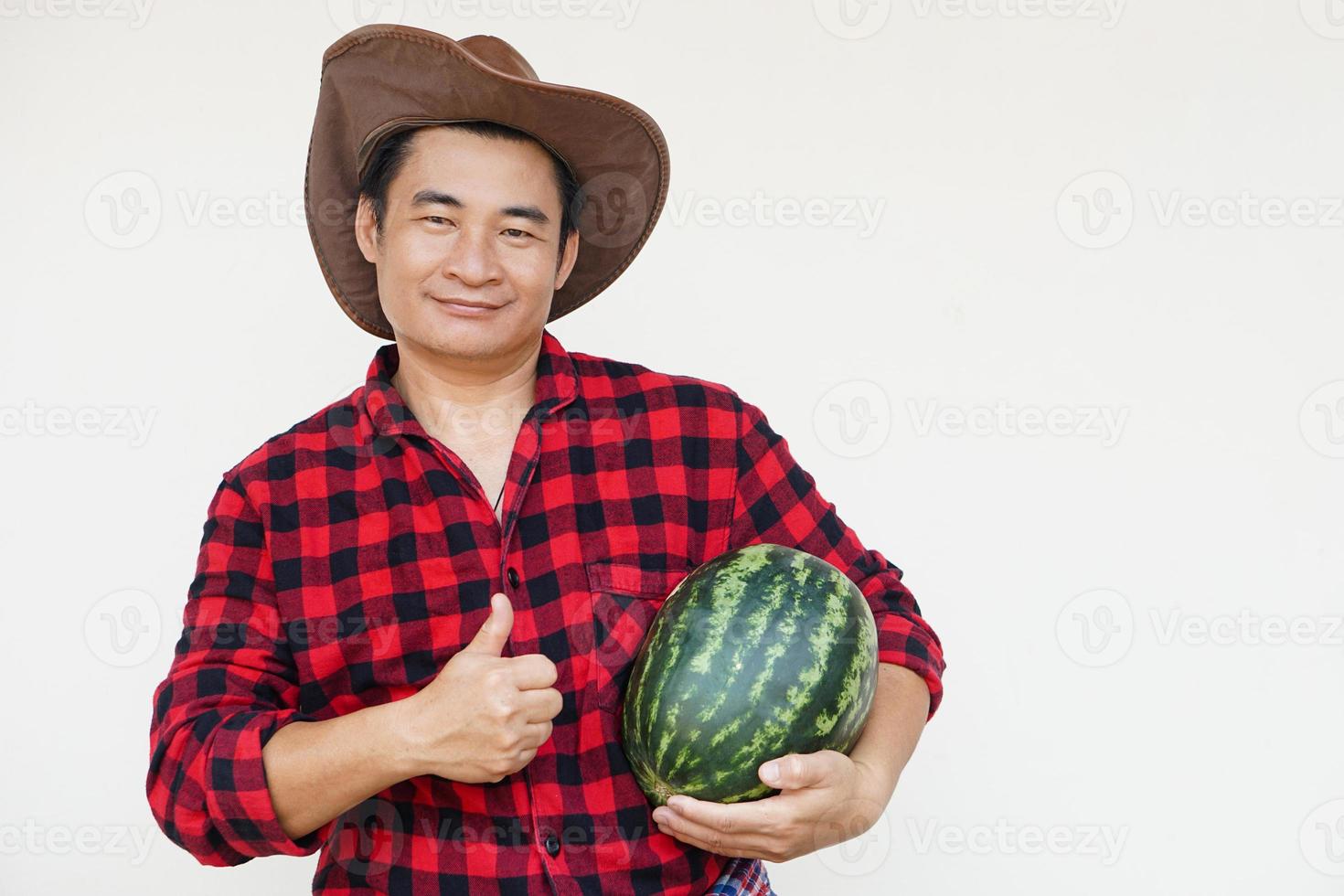 gut aussehend asiatisch Mann trägt Hut, rot Plaid Shirt, hält Wassermelone Frucht. Konzept, Landwirtschaft Beruf, thailändisch Bauer, wachsen und verkaufen Wassermelone Früchte wie wirtschaftlich Ernte foto