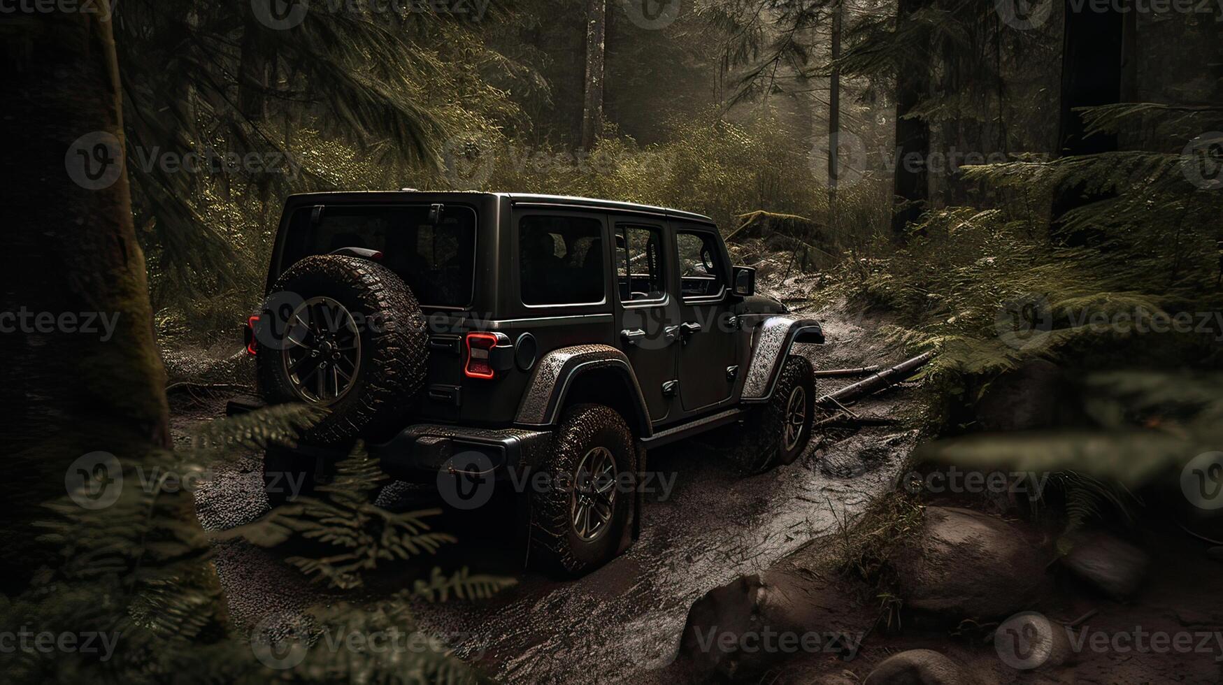 Offroad Rennen auf fallen Natur Hintergrund. Autos Rennen im Herbst Wald. suv oder Offroad Auto auf Pfad bedeckt mit Gras Kreuzung Pfütze mit Schmutz Spritzen. generativ ai. foto