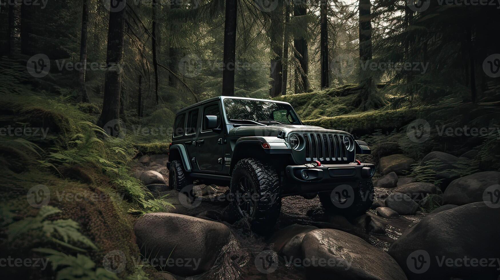 Offroad Rennen auf fallen Natur Hintergrund. Autos Rennen im Herbst Wald. suv oder Offroad Auto auf Pfad bedeckt mit Gras Kreuzung Pfütze mit Schmutz Spritzen. generativ ai. foto