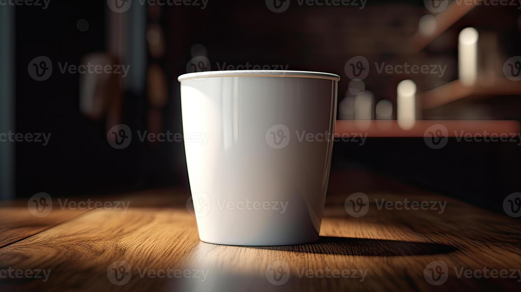 Papier Tasse von Kaffee auf hölzern Mauer Hintergrund. generativ ai foto