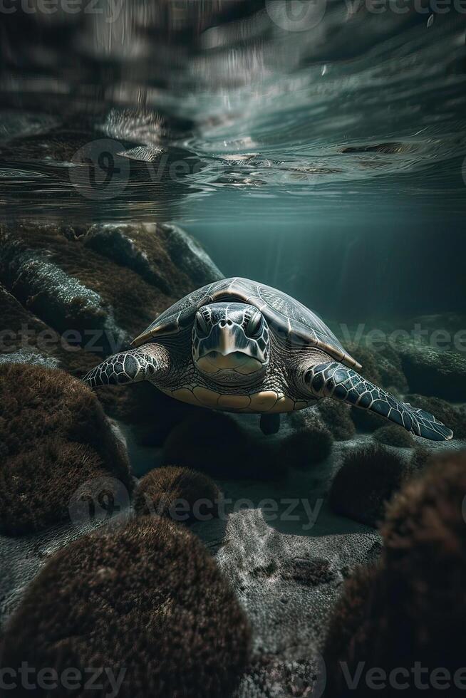 tropisch Paradies Vorlage mit Sonnenlicht. Ozean Surfen Welle brechen und Schildkröten Tauchen unter Wasser. generativ ai. foto