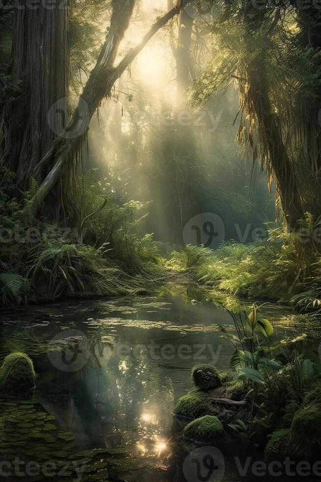 das wenig See im ein verzaubert magisch Wald im das Morgen im ein Nebel im das Sonne, Bäume im ein Dunst von Licht, glühend Nebel unter das Bäume. generativ ai. foto
