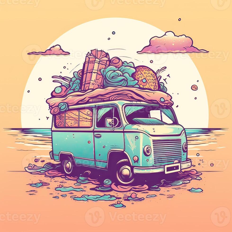 Jahrgang, retro Surfen van mit Palmen, Sonne und ein Möwe. handgemalt T-Shirt Grafik, drucken. Vektor Illustration. generativ ai. foto