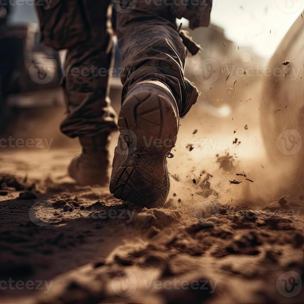 schließen oben Illustration von ein Militär- Mann Gehen auf ein leeren zerstört Umfeld. Zerstörung, Krieg Szene. Rauch und Nebel. traurig Kampf Gefühl. generativ ai foto