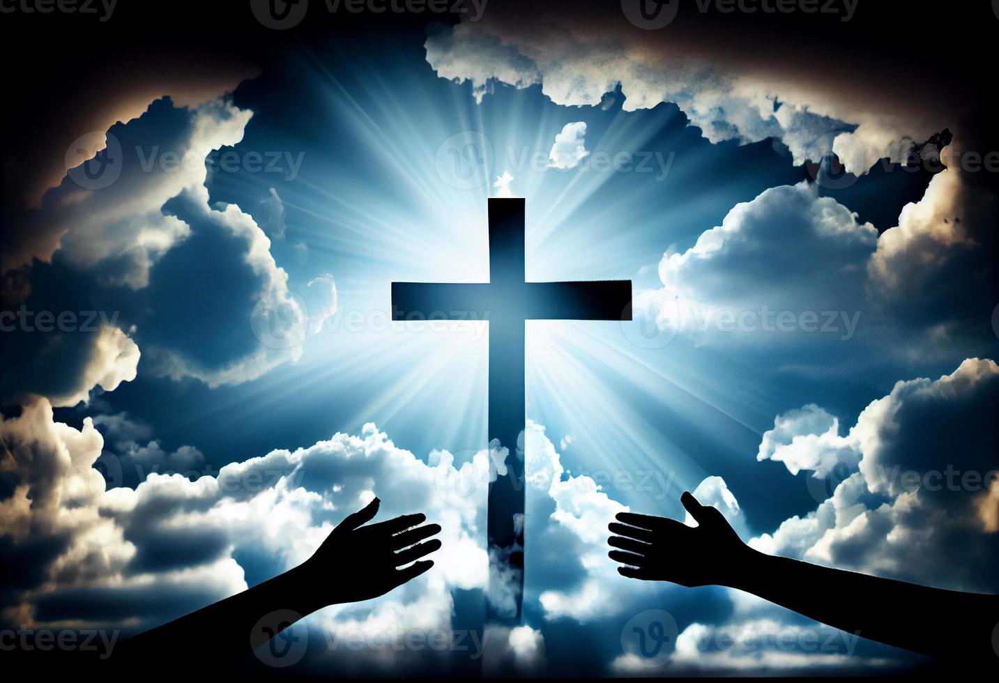 Anbetung Konzept. Christian Menschen Hand im Hand Über Kreuz auf spirituell Himmel Hintergrund . generieren ai. foto
