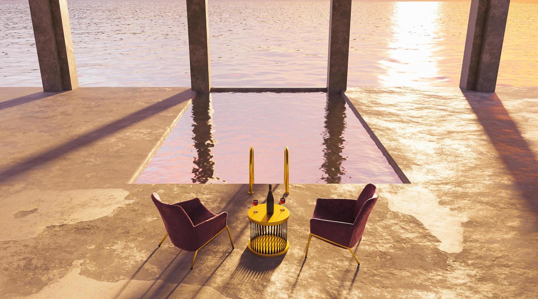 Schwimmbad mit Weingläsern und Seidensitzen über einem Sonnenuntergang foto