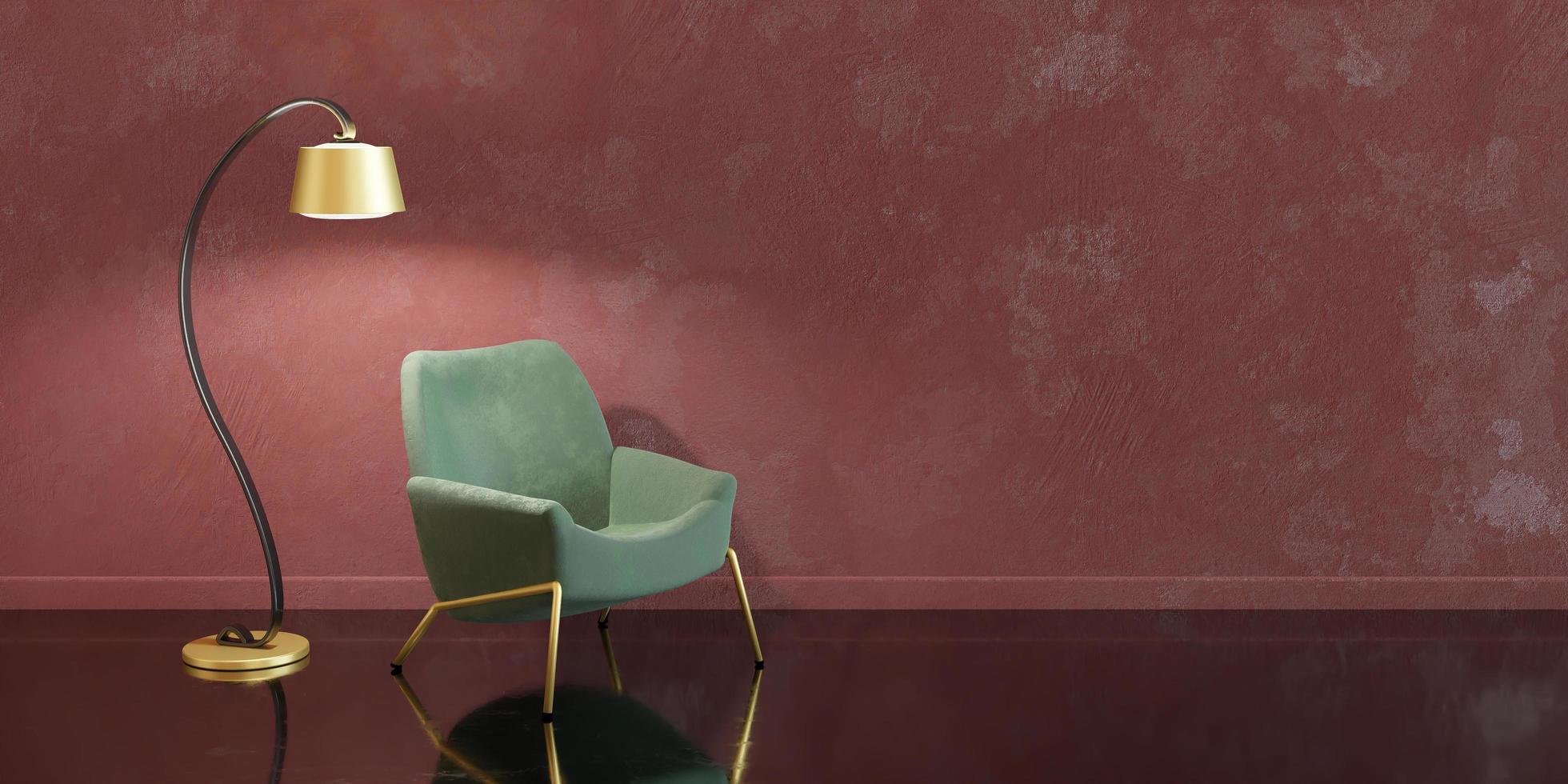 minimalistisches Innendesign mit goldenen Details, Lampe und Sofa, 3D-Rendering foto