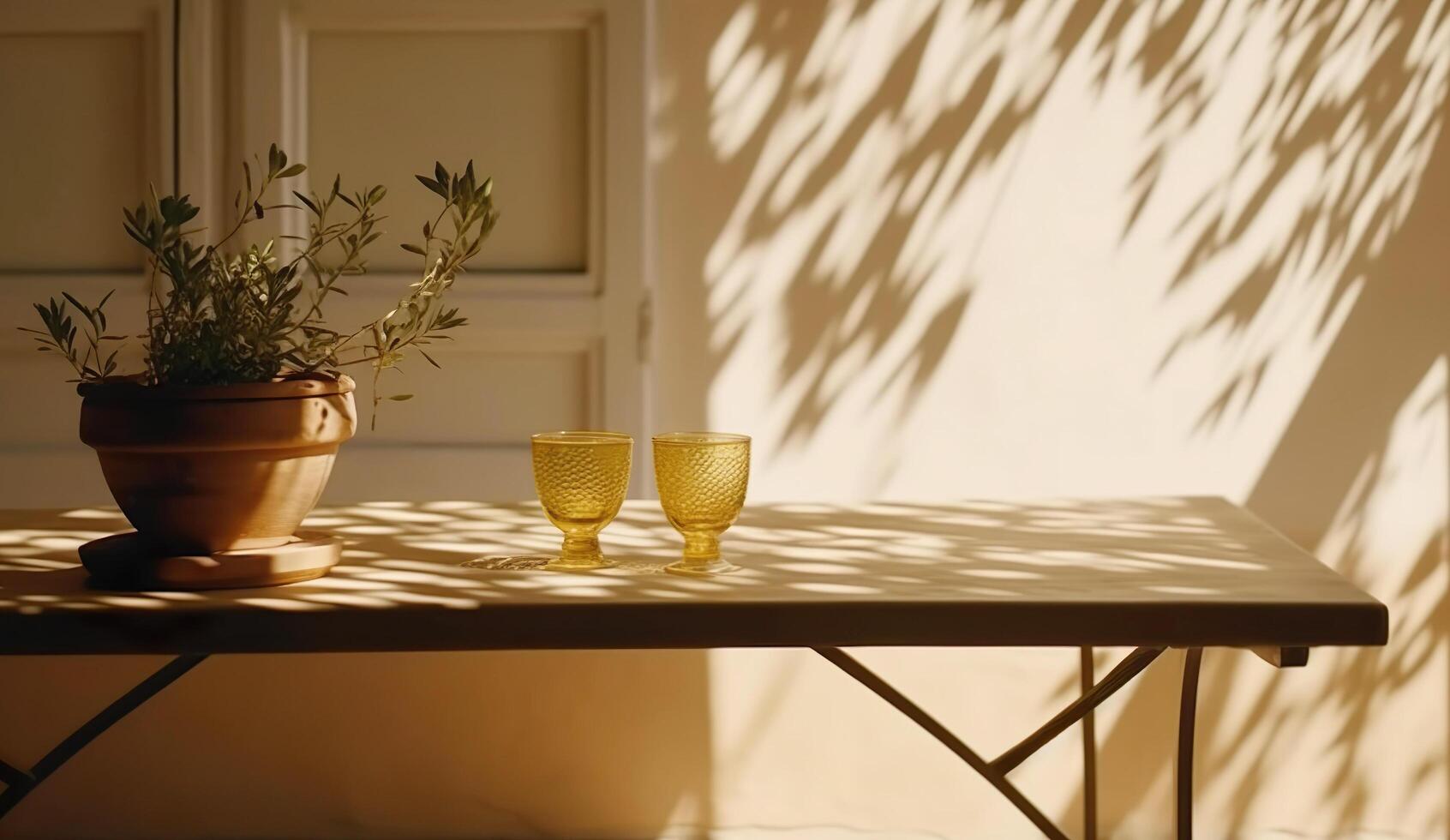 modern immer noch Leben Außen Lebensstil Mittelmeer im Sommer- Szene, Pflanze eingetopft und Brille auf Tabelle mit Schatten überlagern, generativ ai foto