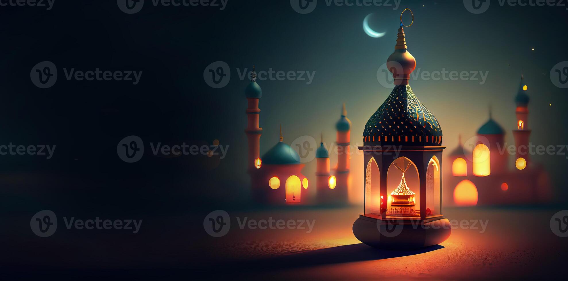 generativ ai Illustration von islamisch Urlaub. Ramadan Nacht. Moschee und Laterne angezeigt auf Stufen mit glühend Licht im das Abend. Hintergrund und Banner Hintergrund. foto