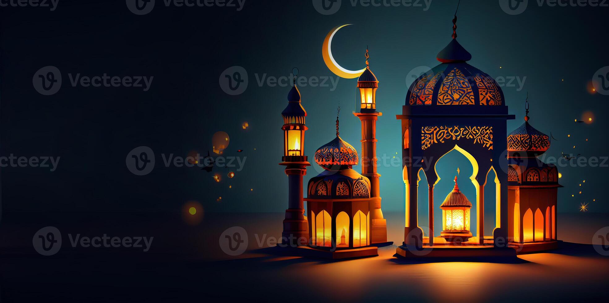 generativ ai Illustration von islamisch Urlaub. Ramadan Nacht. Moschee und Laterne angezeigt auf Stufen mit glühend Licht im das Abend. Hintergrund und Banner Hintergrund. foto