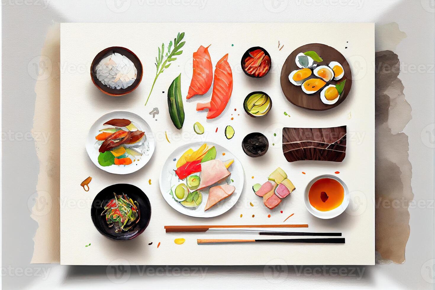 generativ ai Illustration von Knolling japanisch Küche Essen, Aquarell Farbe Stil, einstellen von asiatisch Essen foto