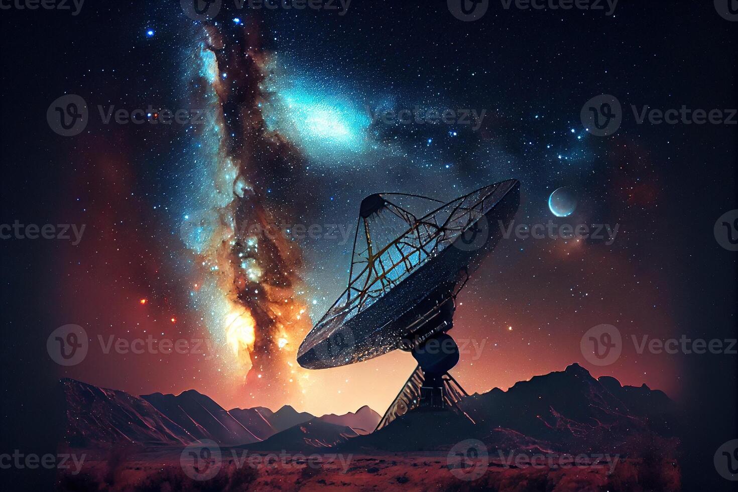 generativ ai Illustration von Fantasie Nacht Landschaft. milchig Weg, Nebel. Radio Teleskop zum kosmisch Forschung und sternenklar Nacht auf Hintergrund foto