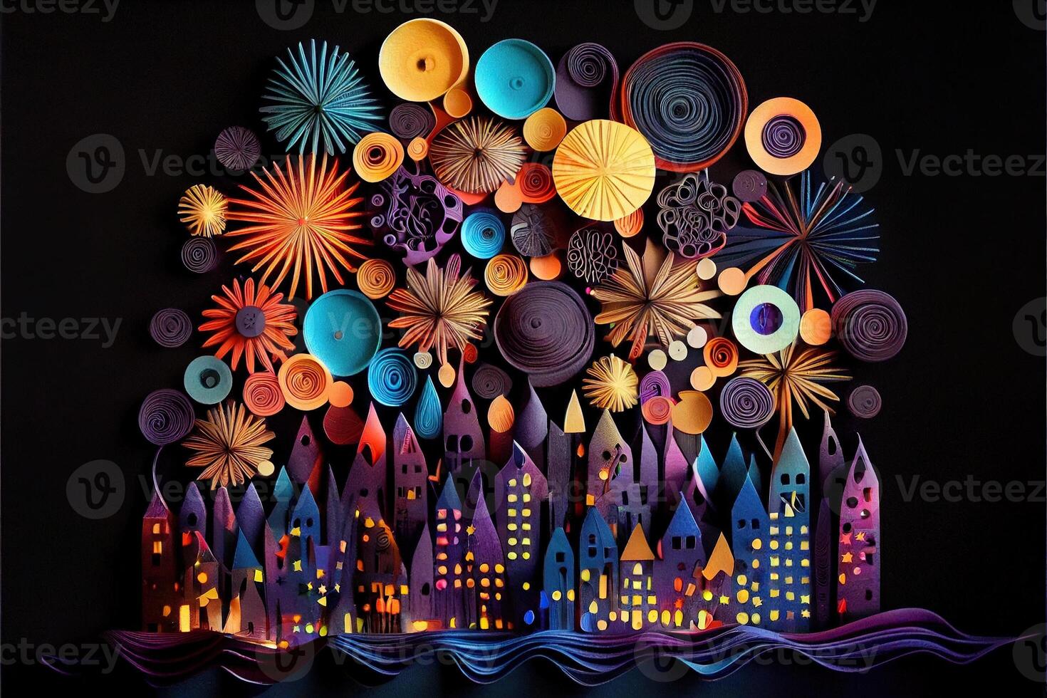 generativ ai Illustration von Foto Papier Schnitt quilling mehrdimensional Papier schneiden, Kunst Papier Illustration, Feuerwerk und schön Stadt im Neu Jahr Vorabend, National Tag mit farbig Beleuchtung, Pop Farbe.