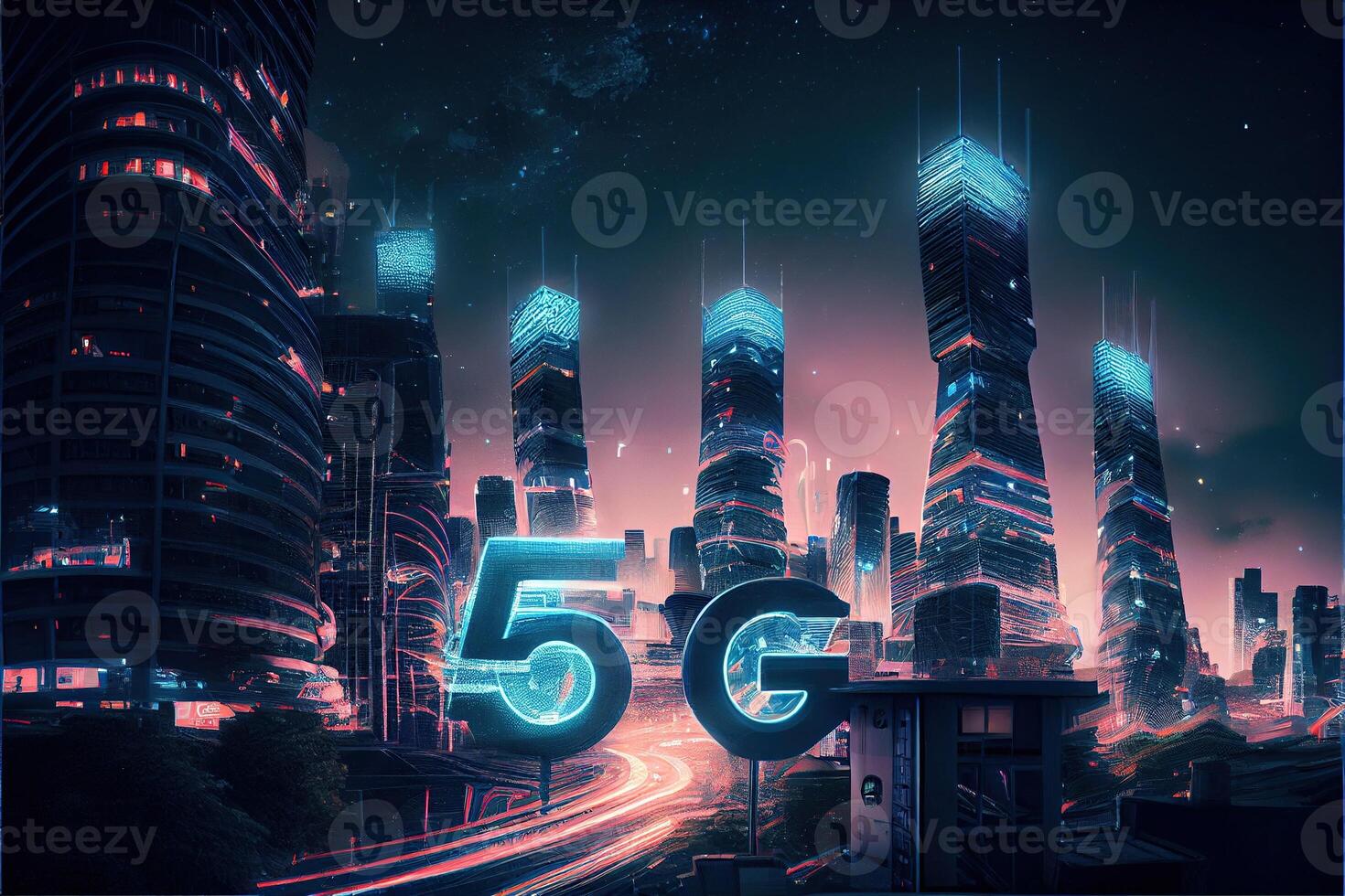 generativ ai Illustration von futuristisch Stadt beim Nacht, 5g Internet Netzwerk kabellos Systeme und Internet von Dinge, Clever Stadt und Kommunikation Netzwerk Konzept. foto