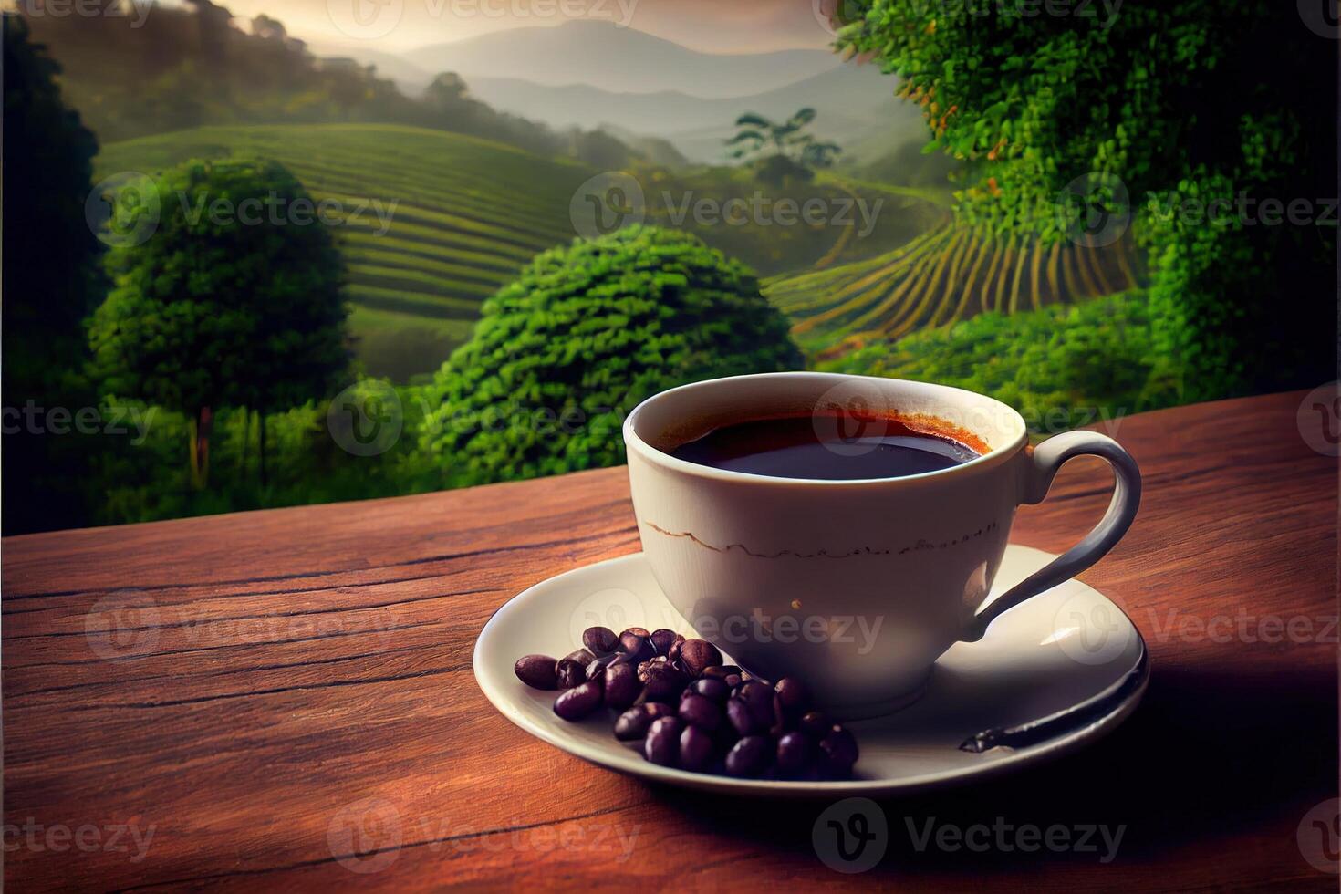 generativ ai Illustration von Tasse von Kaffee und Kaffee Bohnen auf alt hölzern Tabelle und das Plantagen Tee Hügel Hintergrund foto