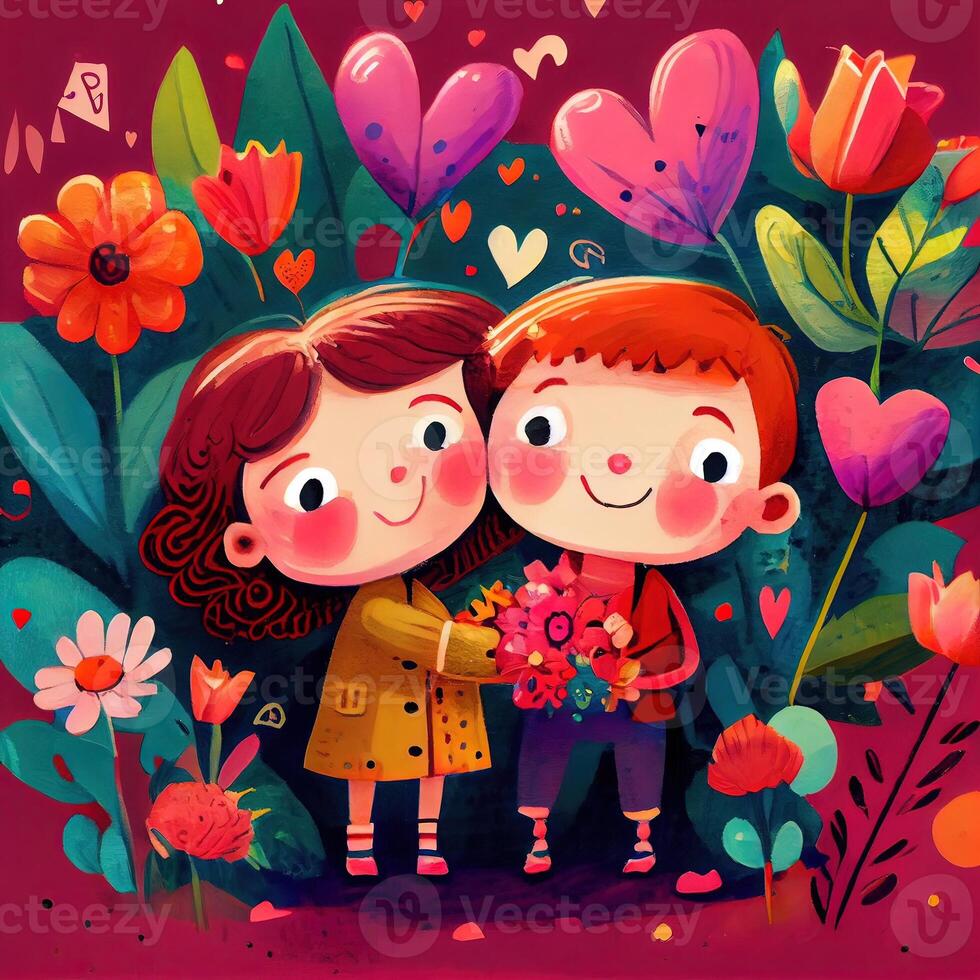 generativ ai Illustration von ein bezaubernd und liebenswert Karikatur Charakter zum Valentinstag Tag, Liebe, Herzen, Blumen, Romantik, Glücklich, heiter, froh, Spaß, spielerisch, unbeschwert, Süss foto