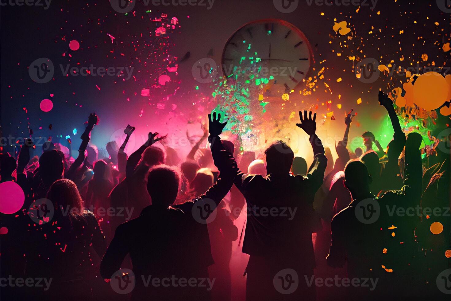 generativ ai Illustration von Neu Jahre Vorabend Party Hintergrund, Pop Farbe, Gruppe von Menschen Tanzen und froh, Countdown, neural Netzwerk generiert Kunst. digital malen, generiert Bild. foto