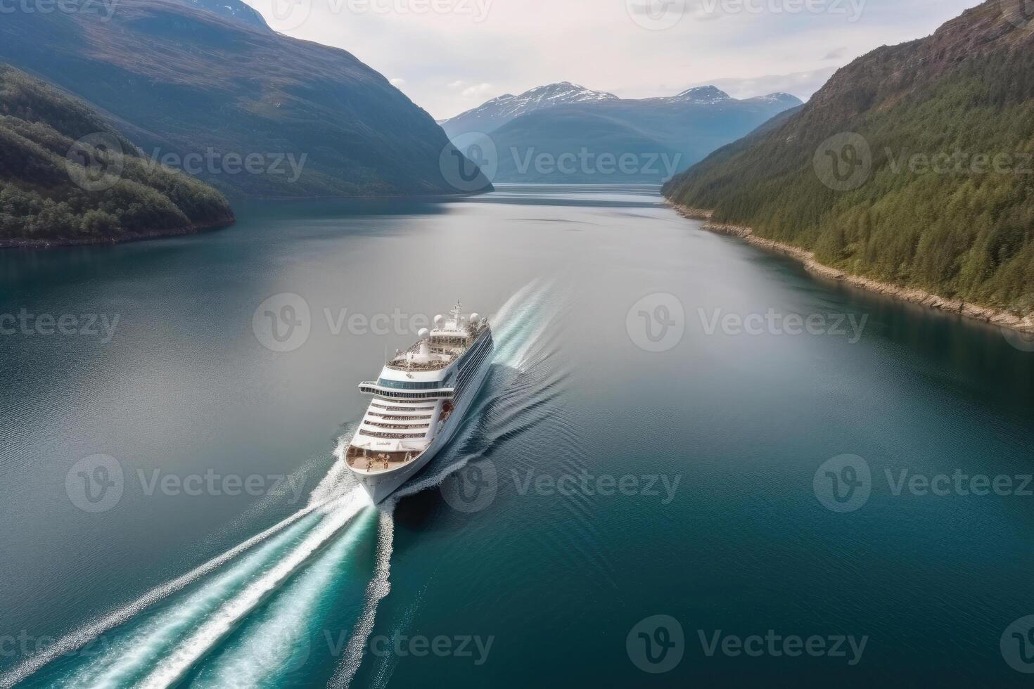 groß Kreuzfahrt Schiff im Fjorde. Tourismus Ferien und Sommer- reisen. generativ ai foto