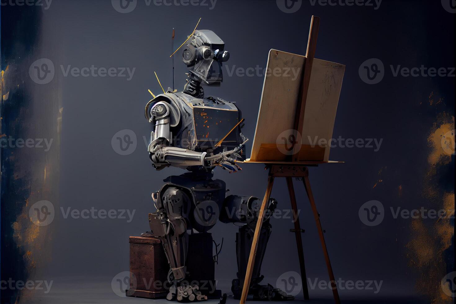 generativ ai Illustration von Cyborg ai Roboter Künstler im dunkel Studio Nächster zu seine Staffelei, Gemälde und Farben während Arbeiten, neural Netzwerk generiert Kunst. digital malen, generiert Bild. foto