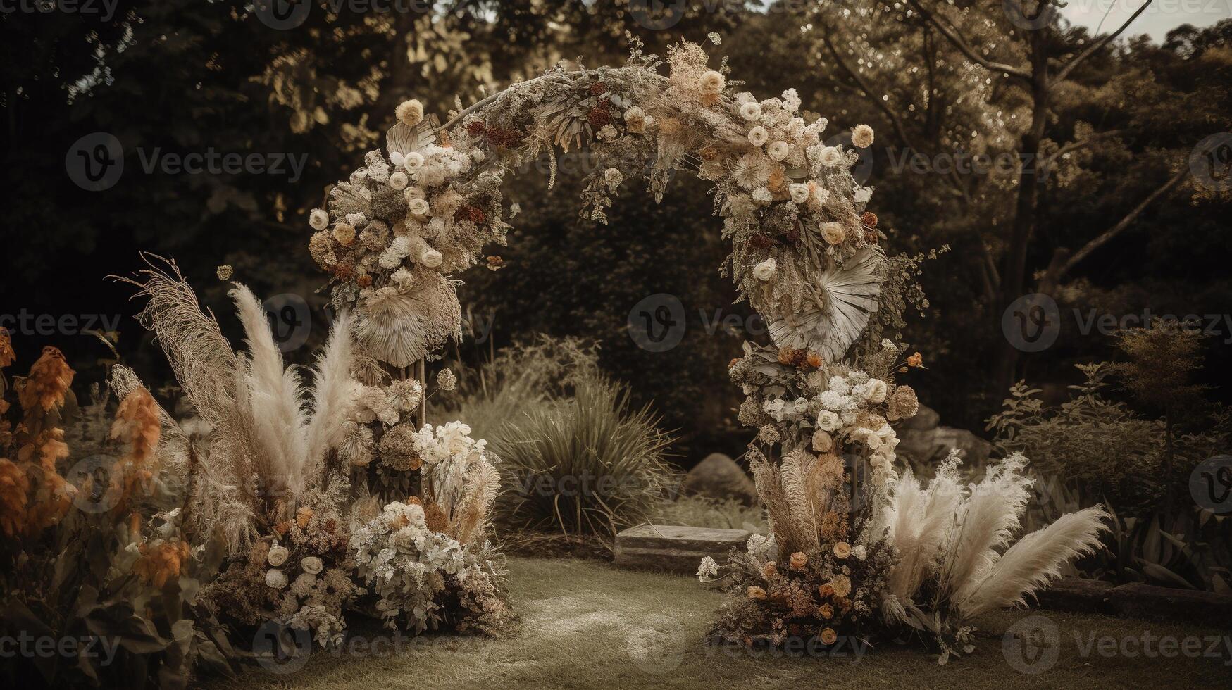 generativ ai, Hochzeit Zeremonie Boho rustikal Stil Bogen mit Blumen und Pflanzen, Blume Blumensträuße. foto
