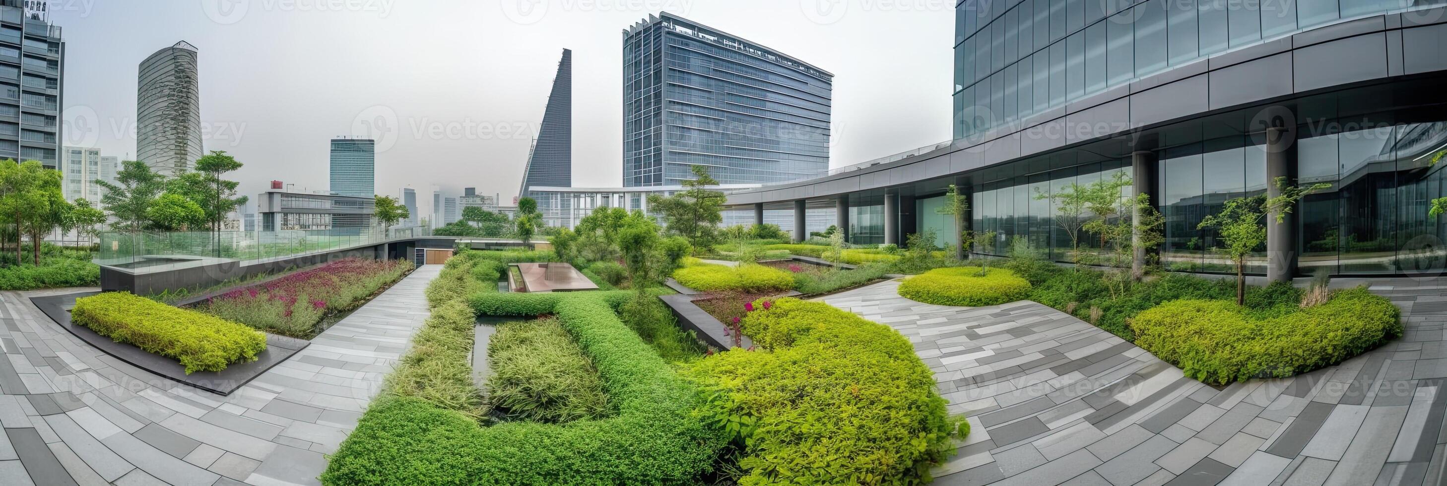 generativ ai Illustration von Herrlich Garten auf das Dach von ein zeitgenössisch Glas Büro Gebäude im Asien foto