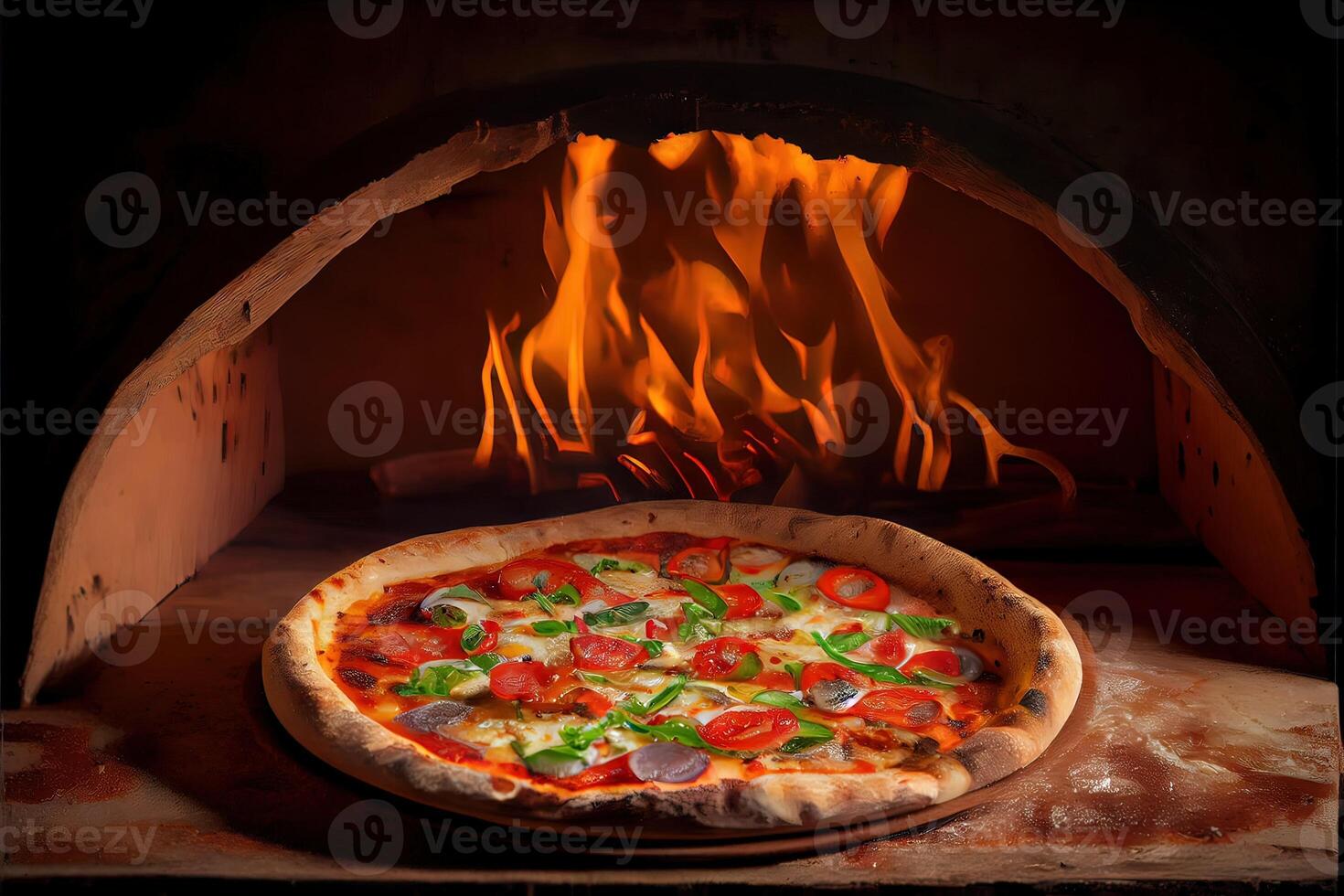 generativ ai Illustration von Italienisch Pizza ist gekocht im ein holzbefeuert Ofen. foto