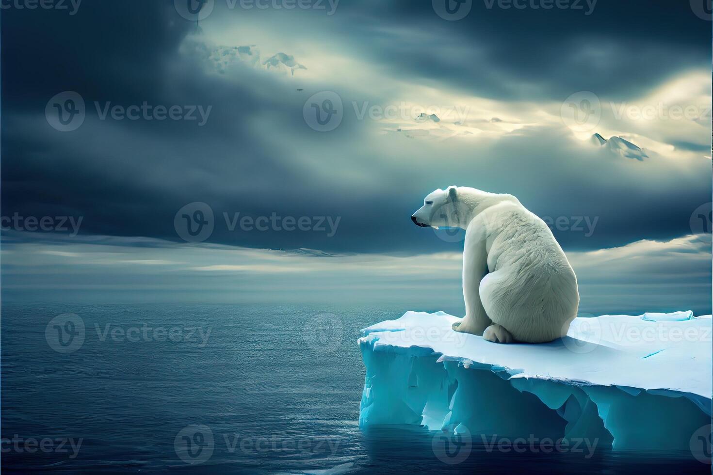 generativ ai Illustration von einsam Weiß Bär auf Eisberg, Aurora Himmel foto
