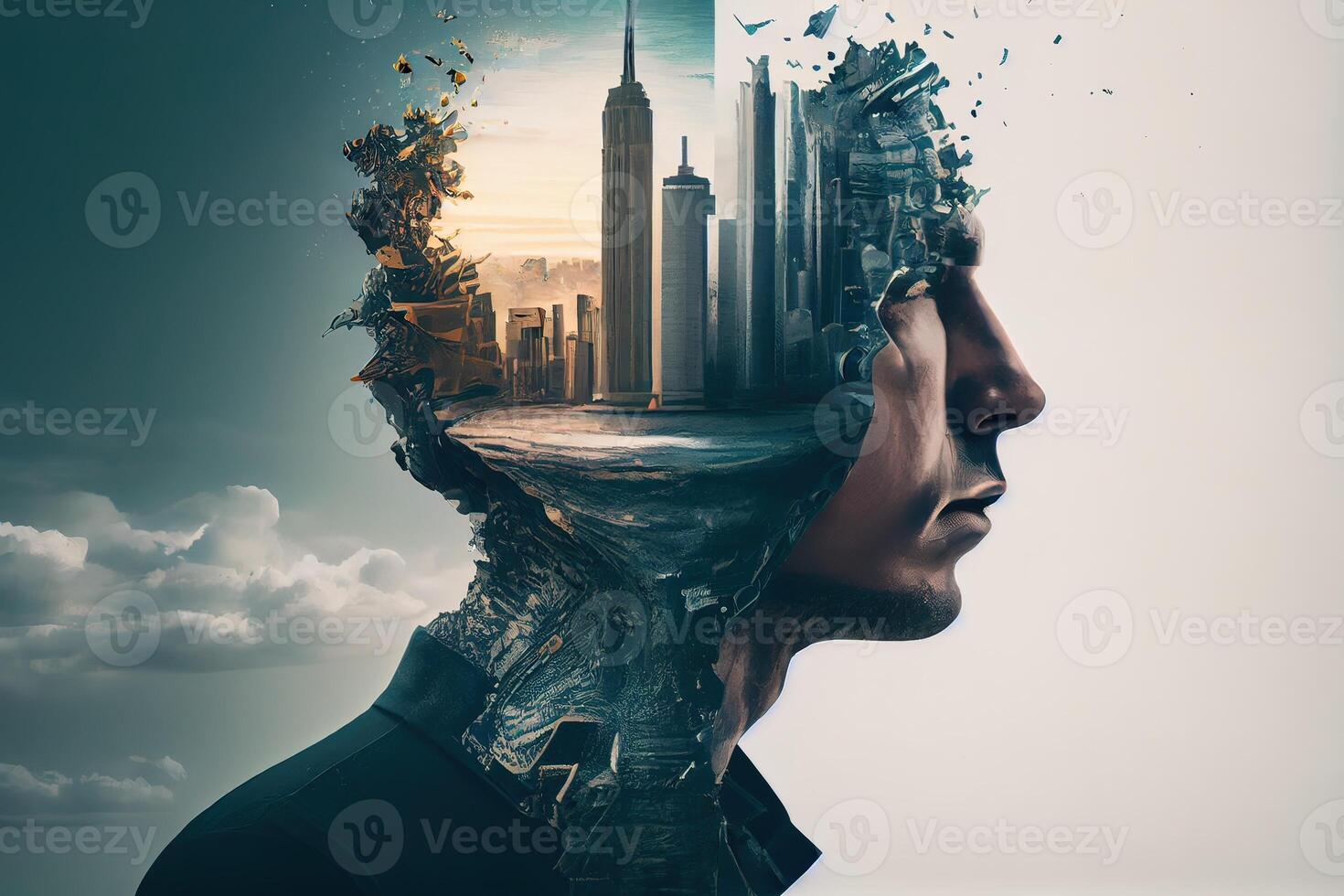 generativ ai Illustration von ein Verstand im Fluss, ein surreal Digital Kunstwerk von ein Person Gesicht fragmentiert in disparat Zustände, Zustand im Geist, traurig, Negativ, Sorge foto