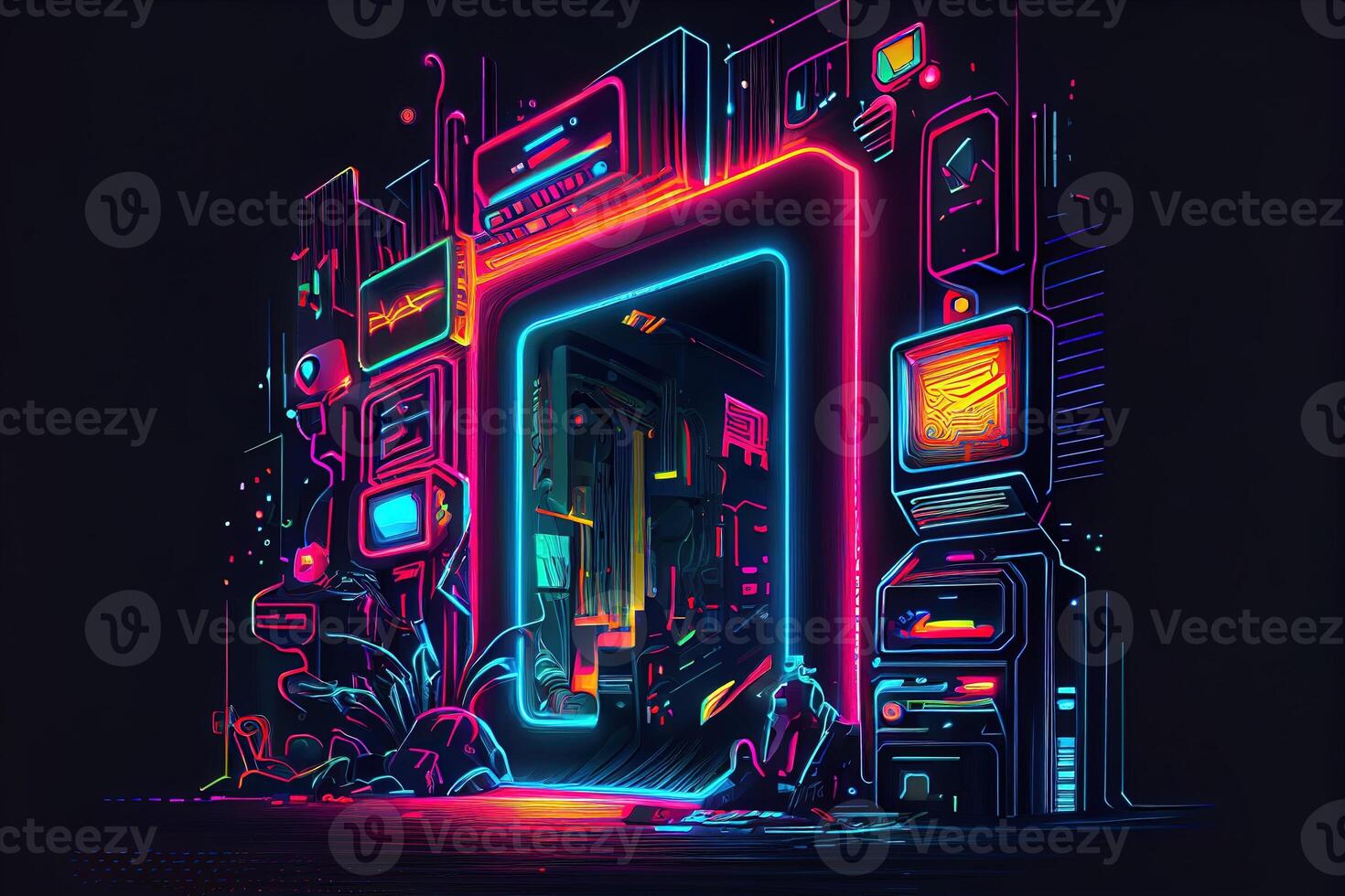 generativ ai Illustration von Spielen Hintergrund, abstrakt Cyberpunk Stil von Spieler Hintergrund, Neon- glühen Licht von scifi fluoreszierend Stöcke. digital generiert Bild foto