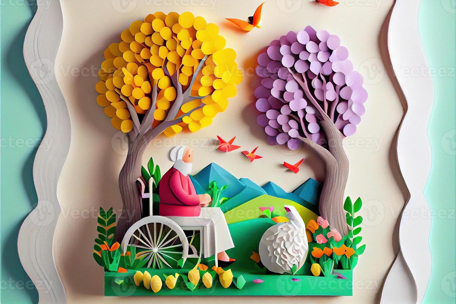 generativ ai Illustration von Origami Frühling Hintergrund, froh Alten, glücklich Familie mit Elternteil, bunt. Papier Schnitt Handwerk, 3d Papier Illustration Stil, Pop Farbe. neural Netzwerk generiert Kunst. foto