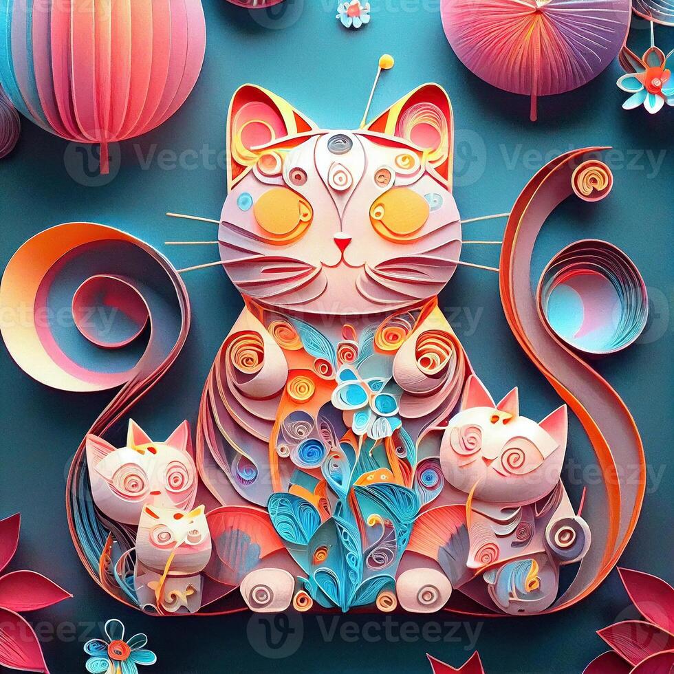 generativ ai Illustration von Papier Schnitt Handwerk, quilling multi dimensional Vietnamesisch Stil, süß Tierkreis Kitty Katze mit Laternen im Hintergrund, Chinesisch Neu Jahr. 3d Papier Illustration Stil. foto