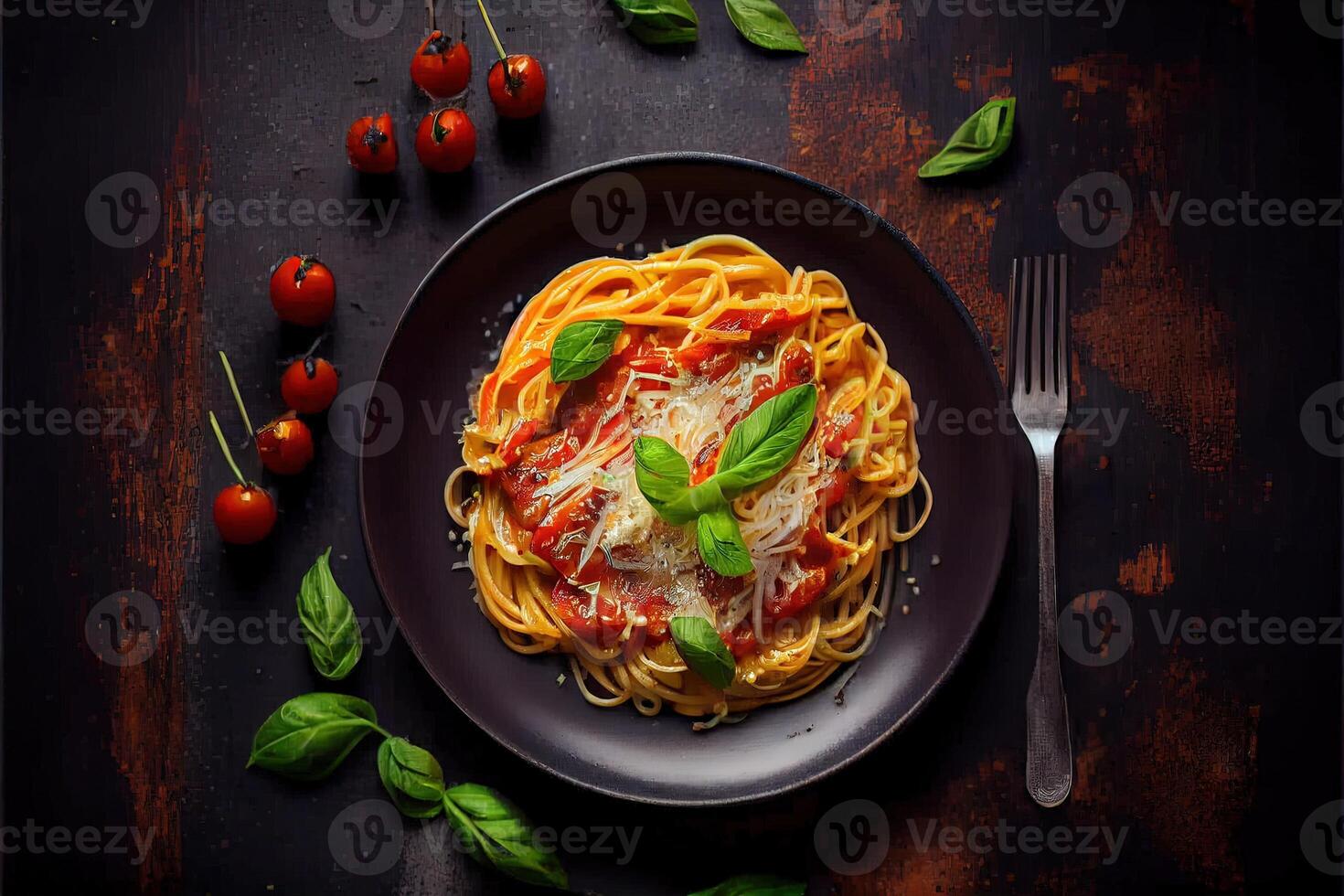 generativ ai Illustration von lecker appetitlich klassisch Italienisch Spaghetti Pasta mit Tomate Soße, Käse Parmesan und Basilikum auf Teller auf dunkel Tisch. Aussicht von über foto