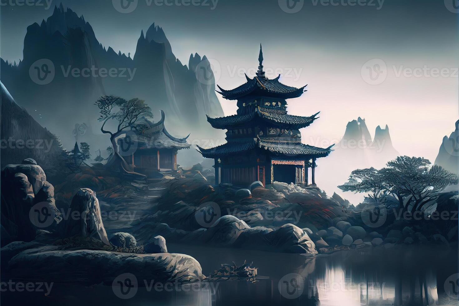 generativ ai Illustration von Fantasie Hintergrund mit mysteriös uralt Chinesisch Tempel im Berge. Digital Kunstwerk. Chinesisch Stil. Spielen und Kunst Konzept. foto