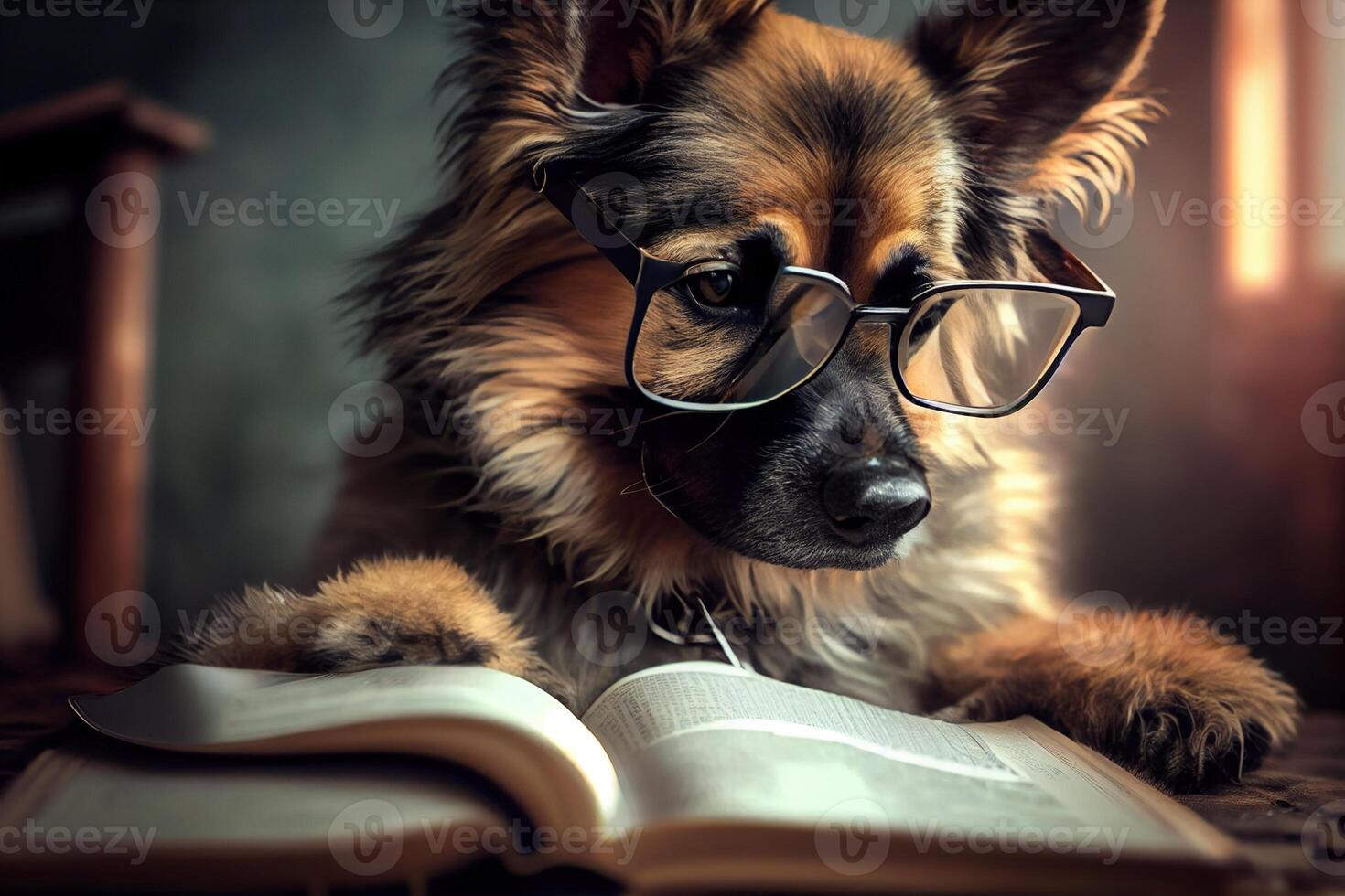 generativ ai Illustration von intelligent ernst Hund im Brille lesen ein Buch, volumn Licht foto