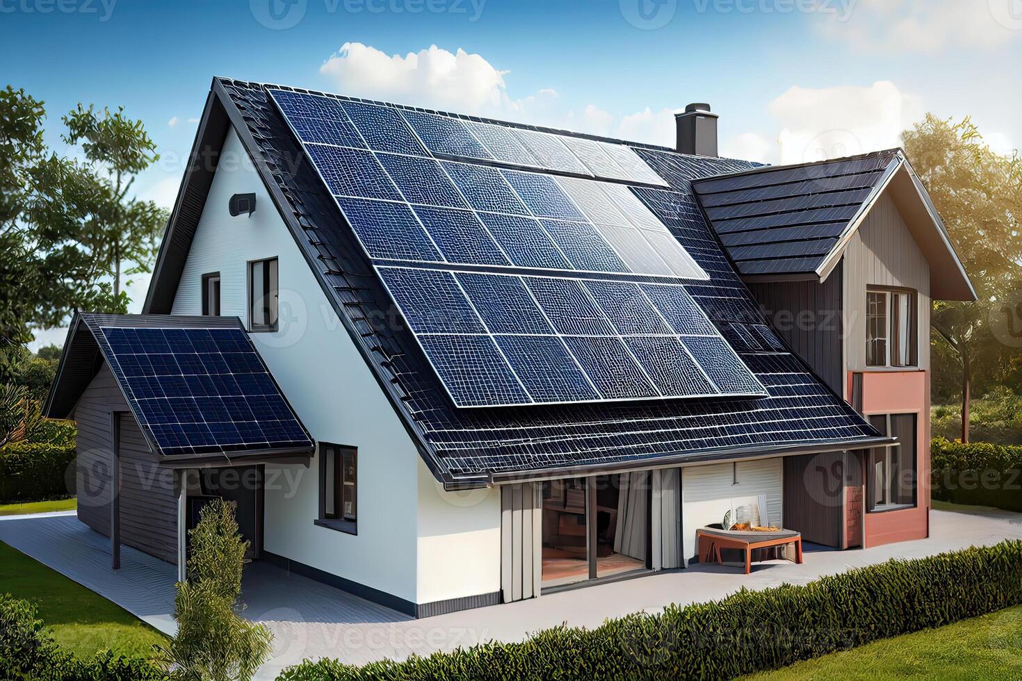 generativ ai Illustration von ein neu gebaut Häuser mit Solar- Paneele auf das Dach unter ein hell Himmel, ein schließen oben von ein Marke Neu Struktur mit Blau Solar- Paneele foto