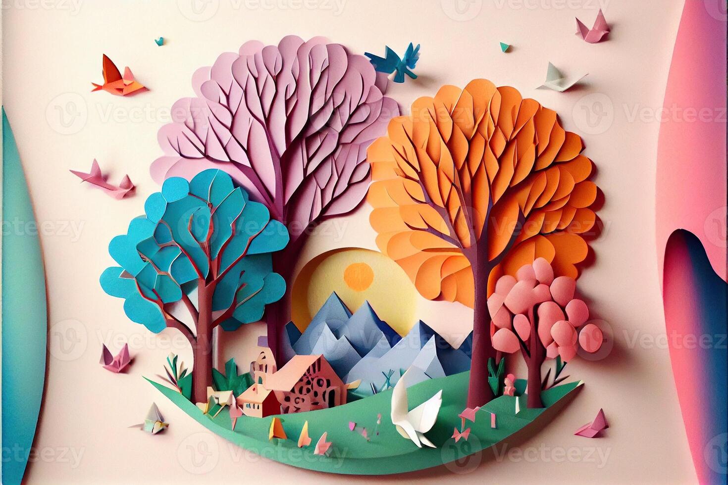 generativ ai Illustration von Origami Frühling Hintergrund, froh Alten, glücklich Familie mit Elternteil, bunt. Papier Schnitt Handwerk, 3d Papier Illustration Stil, Pop Farbe. neural Netzwerk generiert Kunst. foto