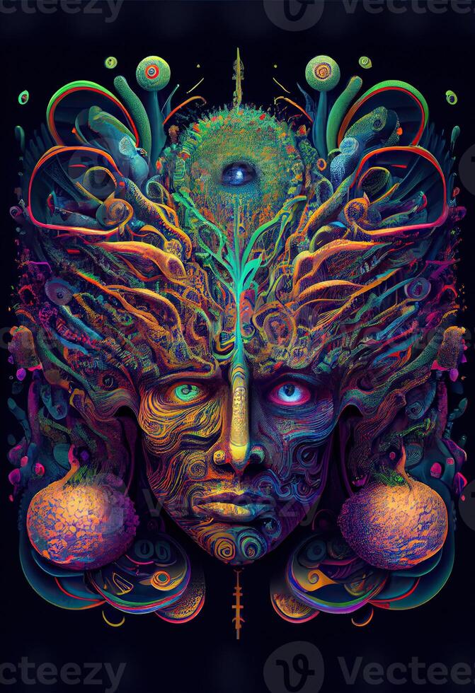 generativ ai Illustration von höher, Yoga entspannen Ausruhen aus dmt Visionen Geist. 7 farbig Chakren Meditation dmt Halluzinationen. Multiversum in Verbindung gebracht durch ein nervös System - - trippy psychedelisch foto