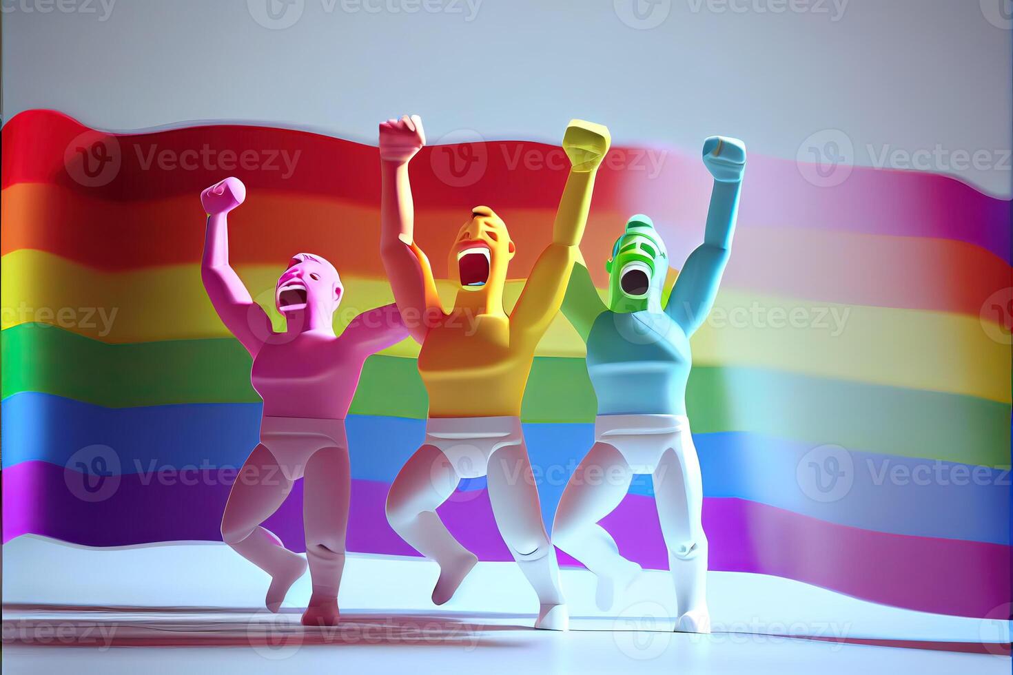 generativ ai Illustration von Vielfalt jung Fröhlich Frauen und Männer mit winken Stolz Regenbogen Flagge. Unterstützer von das lgbt Gemeinschaft. neural Netzwerk generiert Kunst. digital generiert Bild. foto